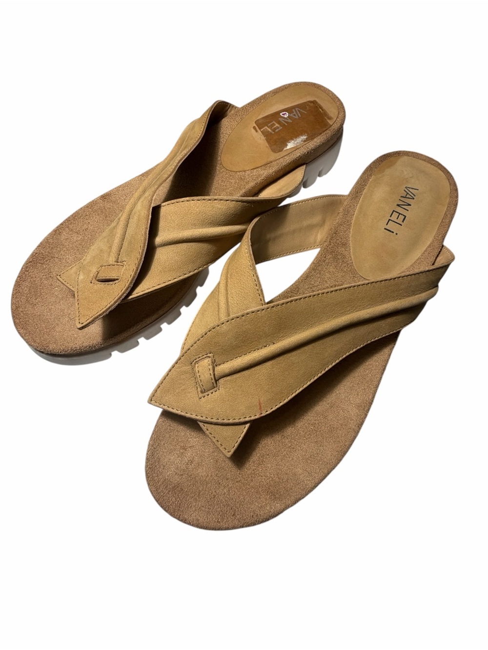 Vaneli Tan Suede Leather Thong Sandals with White Sole Womens 8